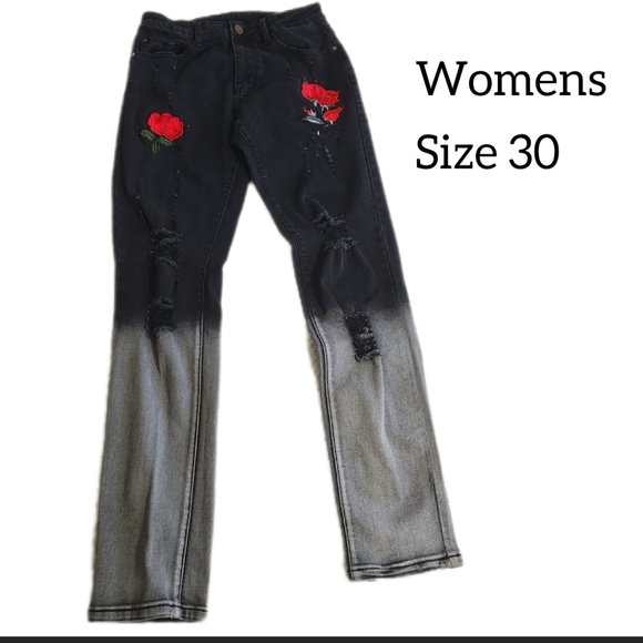 BLACK OMBRE WOMENA JEANS WITH RED ROSES SIZE 30 DISTRESSED - Picture 2 of 12